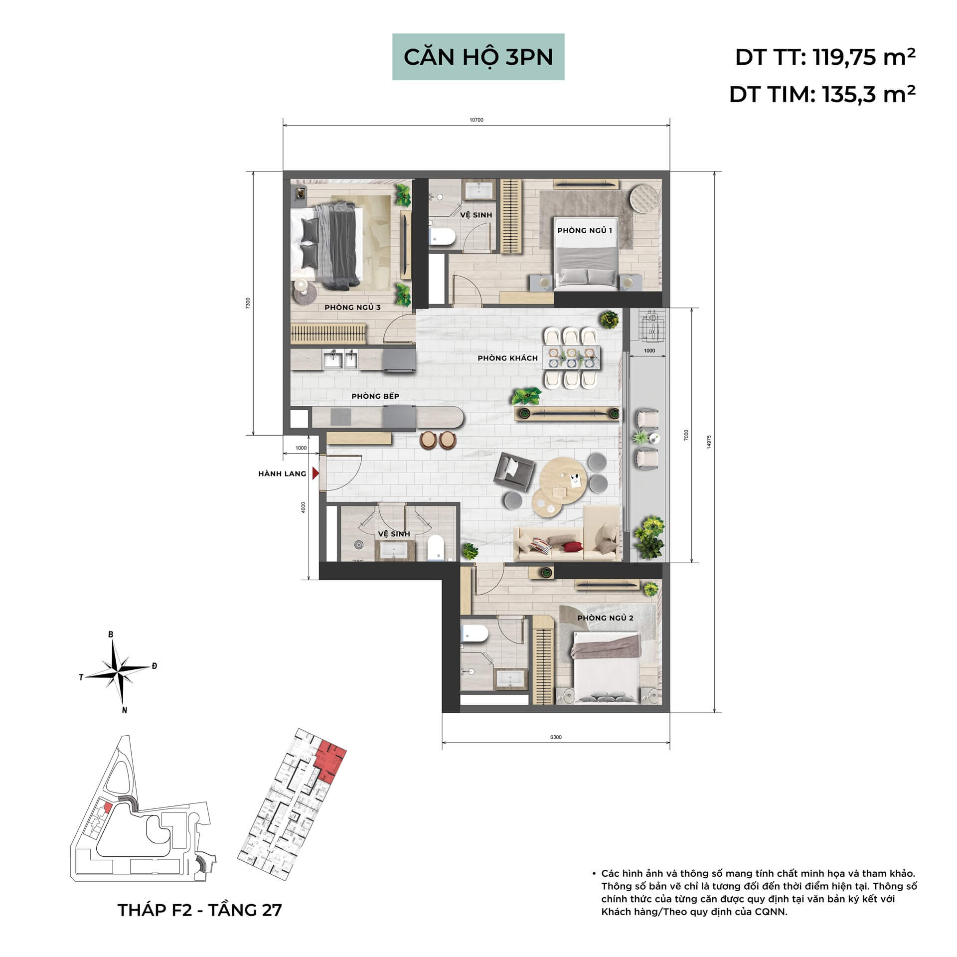 thiết kế căn hộ 3 phòng ngủ dự án Central Lakeside